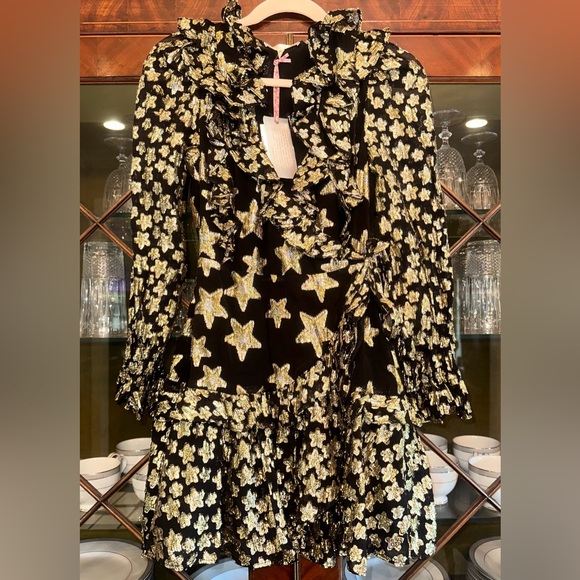 LoveShack Fancy Black Findlay Gold Star Wrap Mini Dress - Picture 2 of 5